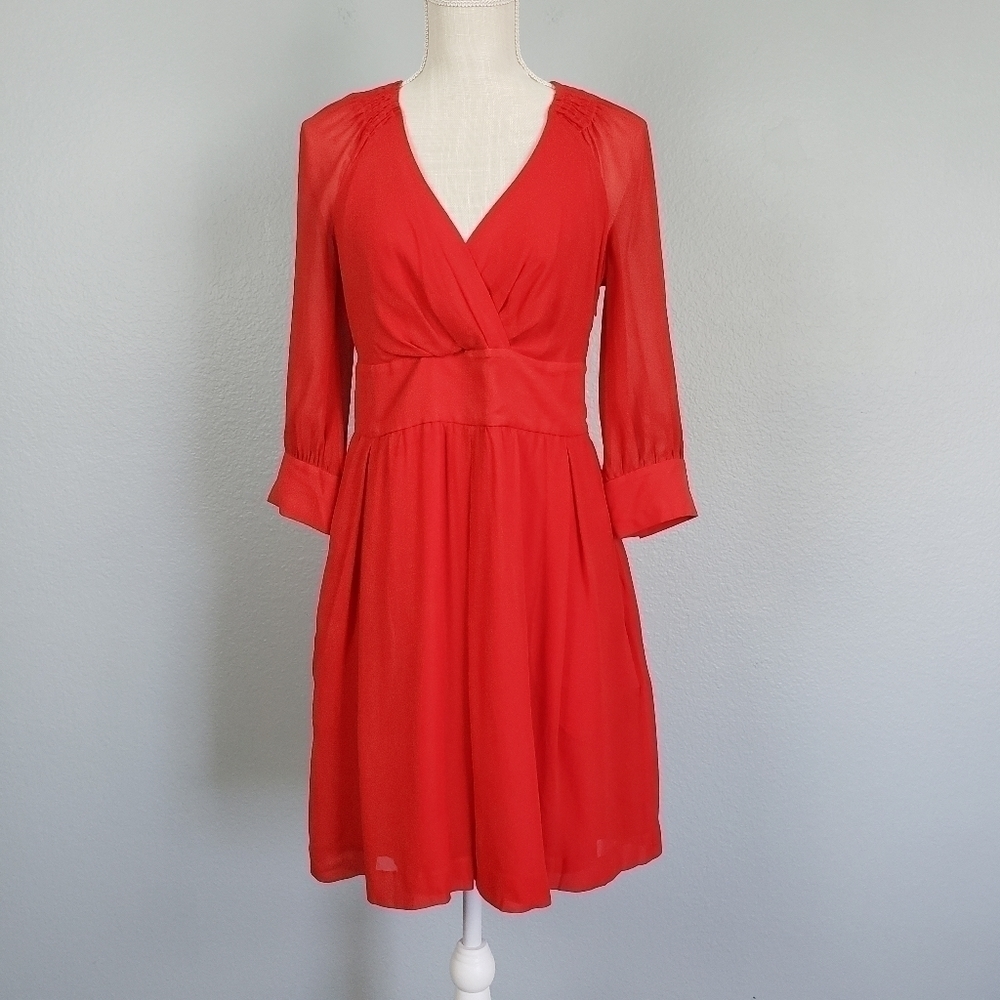 ARMANI EXCHANGE 100% Silk 3/4 Sleeve A-Line Dress Sz 6 Orange